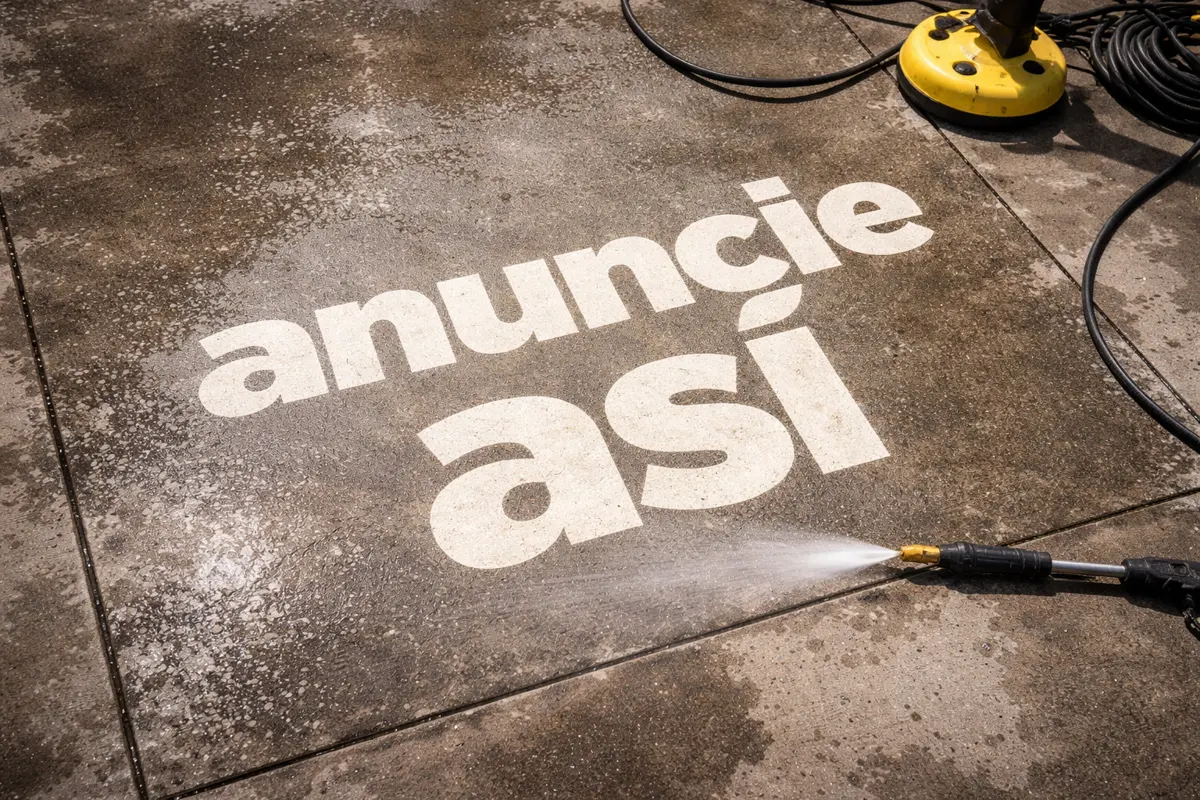 Graffiti limpio con la frase "anuncie así" sobre una vereda, hecho con hidrolavadora. Imagen ilustrativa generada digitalmente